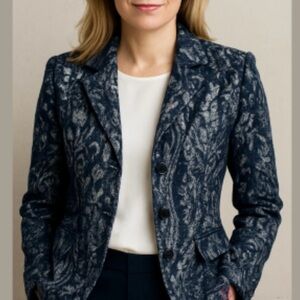 LAURA ASHLEY Paisley Wool Navy Blue Blazer Jacket size Petite Large